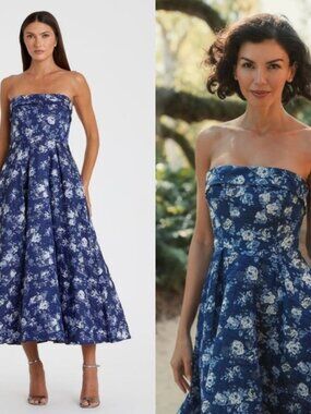 NWT Mac Duggal Blue Strapless Floral Brocade Fit & Flare Midi Dress - Size‎ 6